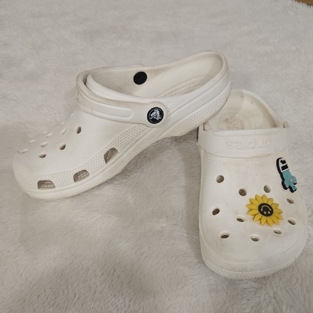 CROCS Kids White Clogs with Sunflower and Rocket Charms